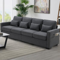 Ebern Designs 104" 4-Seater Modern Linen Fabric Sofa with Armrest Pockets and 4 Pillows