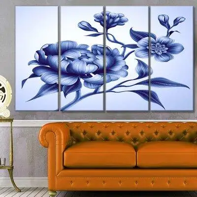 Made in Canada - Design Art 'Blue Peony Rose and Sakura Flowers' Graphic Art Print Multi-Piece Image on Canvas