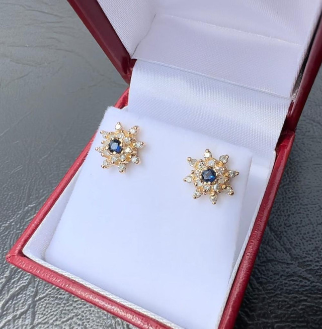 #290 - Sapphire &amp; Diamond, 14k Yellow Gold, Pushback Studs in Jewellery & Watches - Image 2