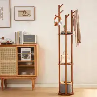 KOVOME Wooden Coat Rack Freestanding With 3 Storage Shelves And 6 Hooks, Rotary Coat Tree With 2 Tiers Display Shelf And