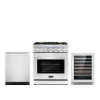 Cosmo 3 Piece Kitchen Package With 30" Freestanding Gas Range 24" Built-in Fully Integrated Dishwasher & 48 Bottle Frees