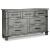 Rosalind Wheeler 66 Inch Wide Wood Dresser With 7 Drawers, Bar Handles, Bun Feet, Grey