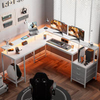 Inbox Zero Macire 66'' L Shaped Computer Gaming Office Desk with LED Lights and Power Outlets, Drawers, Storage