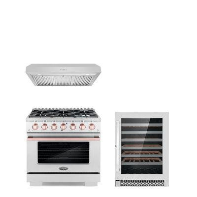 Cosmo Cosmo 3 Piece Kitchen Appliance Package with 36'' Gas Freestanding Range , Under Cabinet Range Hood , and Wine Ref in Refrigerators