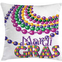 East Urban Home Ambesonne Mardi Gras Throw Pillow Cushion Cover, Colourful Beads Party Necklaces With Mardi Gras Calligr