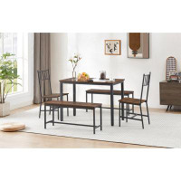 17 Stories Rustic Brown & Black Industrial Dining Table Set With Barstool, 2 Benches & Back Chairs For Kitchen, Living &