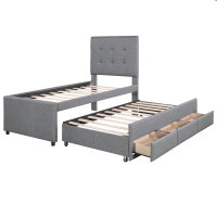 Walker Edison Upholstered Platform Bed With Pull-Out Twin Size Trundle And 3 Drawers
