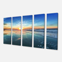 Design Art Blue Seashore with Distant Sunset 5 Piece Wall Art on Wrapped Canvas Set