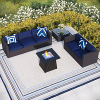 Lark Manor Outdoor Wicker Patio Sectional With Cushions With Fire Pit Table 7-Pieces Set
