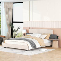 Ebern Designs Queen Size Upholstered Platform Bed with Bedside Shelves and USB Charging Design