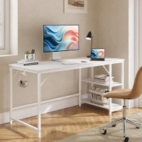 Inbox Zero Inbox Zero Home Office Computer Desk With Wooden Storage Shelf,Office White Desk And Gaming Table With Splice
