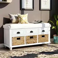 Rosalind Wheeler Rustic Storage Bench With 3 Drawers And 3 Rattan Baskets, Shoe Bench For Living Room, Entryway (White)