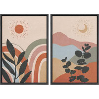 SIGNLEADER SIGNLEADER Framed Wall Art Print Set Mid-Century Style Moon Sun Forest Plants Abstract Shapes Illustrations M