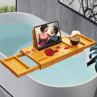 Latitude Run® Premium Bamboo Bath Tray Table, Bathtub Caddy Table With Book Wine Phone Holder,Expandable Bathtub Tray Wi