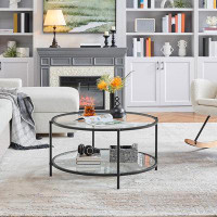 Latitude Run® Latitude Run® Glass Top Coffee Table, 2 Tier Round Coffee Table For Living Room With Storage Shelf, 36" Mo
