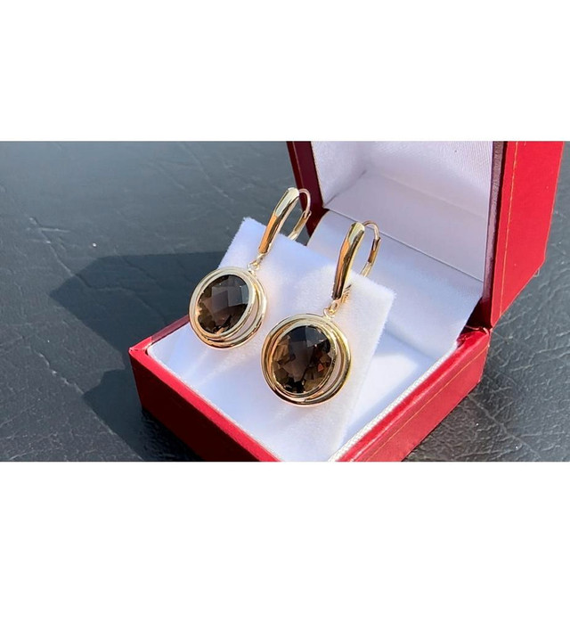 #408 - 14k Yellow Gold, Oval Smoky Quartz Custom Earrings dans Bijoux et montres - Image 4
