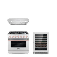 Cosmo Cosmo 3 Piece Kitchen Appliance Package with 36'' Gas Freestanding Range , Under Cabinet Range Hood , and Wine Ref