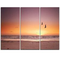 Design Art Beach Sunset and Sea Gulls - 3 Piece Graphic Art on Wrapped Canvas Set