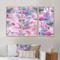 Bay Isle Home™ Pink Flamingos With Palm Leaves - Patterned Framed Canvas Wall Art Set Of 3