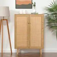 Bayou Breeze Zaida Rattan Cabinet,Entry Cabinet Wood 2 Door Accent Cabinet with Adjustable Shelves Rustic Oak