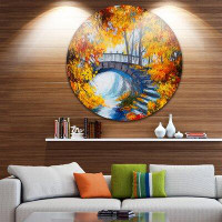 Made in Canada - Design Art 'Fall Forest with a Bridge' Painting Print on Metal