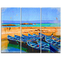Design Art Blue Boats in Sea - 3 Piece Graphic Art on Wrapped Canvas Set