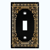 WorldAcc Metal Light Switch Plate Outlet Cover (Victorian Vintage Elegant Yellow Damask Frame Black  - Single Toggle)