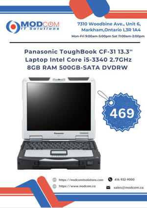 Panasonic ToughBook CF-31 13.3-Inch Laptop OFF Lease For SALE!!! Intel Core i5-3340 2.7GHz 8GB RAM 500GB-SATA DVDRW Canada Preview