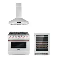 Cosmo Cosmo 3 Piece Kitchen Appliance Package with 36'' Gas Freestanding Range , Island Range Hood , and Wine Refrigerat