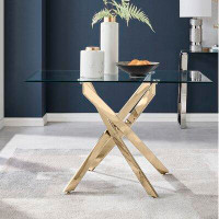 East Urban Home Chowchilla Luxury Glass & Gold Metal Rectangular Dining Table