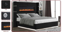 Spring Sale!!  Beautiful Black Upholstered bed with Builtin Fireplace place &amp; Bluetooth speaker