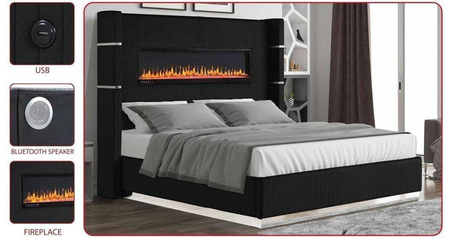 Spring Sale!!  Beautiful Black Upholstered bed with Builtin Fireplace place &amp; Bluetooth speaker dans Lits et matelas  à Région d’Edmonton