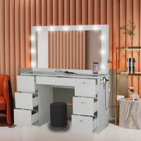 Latitude Run® Boahaus Vanity Desk, Black Stool, Lights Built-in, Glass Top, White