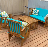 Outdoor 4 Piece Acacia Wood Sofa Set, Water Resistant Cushions, Coffee Table