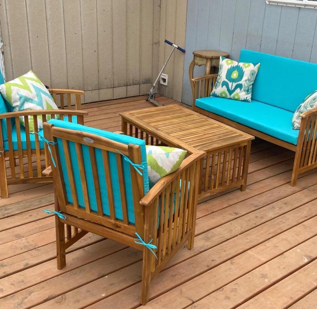 Outdoor 4 Piece Acacia Wood Sofa Set, Water Resistant Cushions, Coffee Table in Patio & Garden Furniture