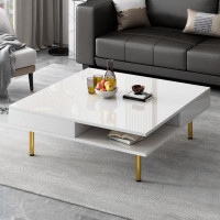 Wenty Exquisite High Gloss Coffee Table With 4 Golden Legs And 2 Small Drawers, 2-Tier Square Centre Table For Living Ro