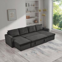 Hokku Designs Elegant 114" Dark Grey Convertible Sofa Bed With Pull-out Function, Storage Chaise, And Corduroy Velvet Up