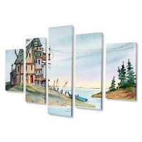 Design Art Colourful Old House With A Tower By The Riverside - Nautical & Coastal Canvas Wall Art Print - 60X32 - 5 Pane