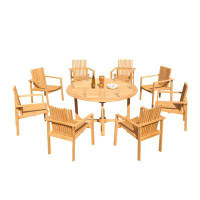 Teak Smith Grade-A Teak Dining Set: 94" Mas Oval Trestle Leg Table And 8 Clipper Stacking Arm Chairs