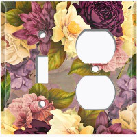 WorldAcc Metal Light Switch Plate Outlet Cover (Flower Purple White Rose 3 - (L) Single Toggle / (R) Single Outlet)