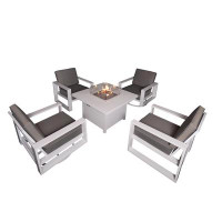 Hokku Designs 5 Piece Patio Dining Set Fire Pit Table with 2 Swivel Chair + 2 Armchair