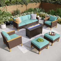 Red Barrel Studio 7-piece Wicker Outdoor Patio Furniture Set, Sectional Patio Set With Cushions, Fire Pit Table