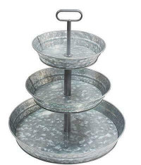 OPEN BOX 3 Tier Galvanized Metal Stand Serving Tray with Handle-Rustic Farmhouse style032279