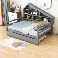 Latitude Run® Full Size Wooden Platform Bed with Twin Size Trundle and Shelves