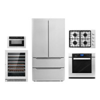 Cosmo 5 Piece Kitchen Package With 30" Gas Cooktop 24" 48 Bottle Single Zone Freestanding Wine Refrigerator 30" Single E