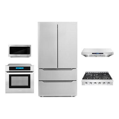 Cosmo 5 Piece Kitchen Package With 36" Slide-in Gas Cooktop 30" Single Electric Wall Oven 24.4" Built-in Microwave Energ in Refrigerators