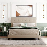 Latitude Run® Upholstered Platform Bed With Tufted Headboard, Box Spring Needed, Beige Linen Fabric, Queen Size