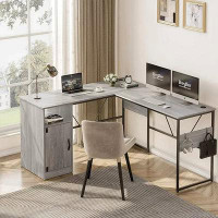 Latitude Run® Latitude Run® Reversible 60" L Shaped Computer Desk With Storage Cabinet Long Desk For 2 Person Wash White