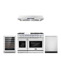 Cosmo 4 Piece Kitchen Package with 48" Freestanding Gas Range  48" Under Cabinet Range Hood 24" Built-in Fully Integrate