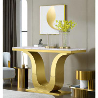 Brayden Studio White And Gold Console Table With Polished Gold Metal U Base